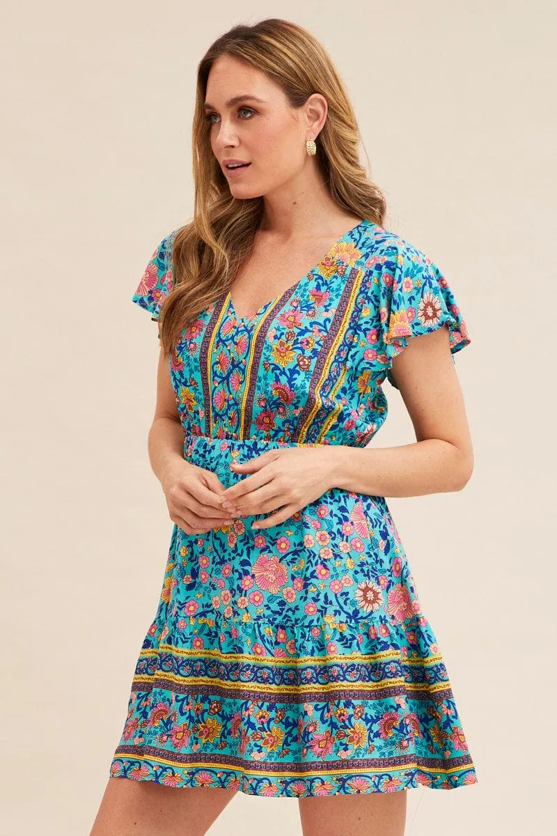 EcoFriendlyMaterial Boho Print Short Sleeve Button Front Skater Dress
