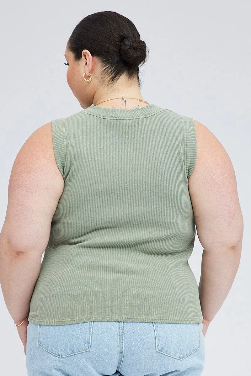 Green Tank Top Sleeveless Crew Neck HighElasticity