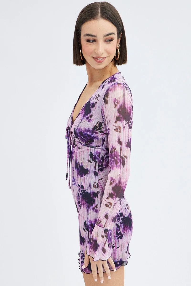 Match Fit Purple Floral Mesh Dress Long Sleeve Mini