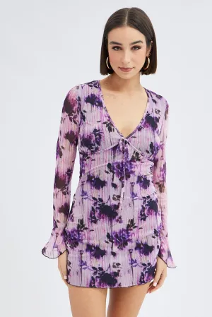Purple Floral Mesh Dress Long Sleeve Mini Easy Wear City Casual