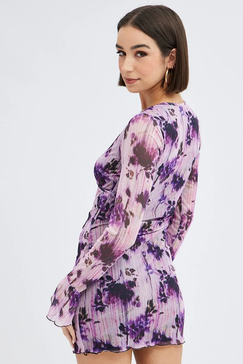 ThermalRegulation Purple Floral Mesh Dress Long Sleeve Mini