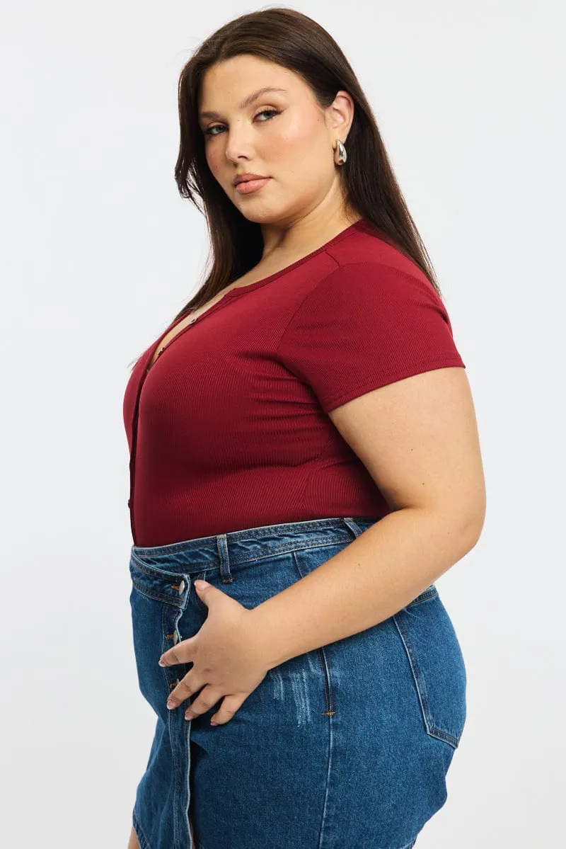 Red Bodysuit Short Sleeve Ribbed Button Front AdjustableWaist