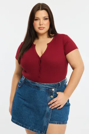 Heart Soul QuickReleaseClosures Red Bodysuit Short Sleeve Ribbed Button Front
