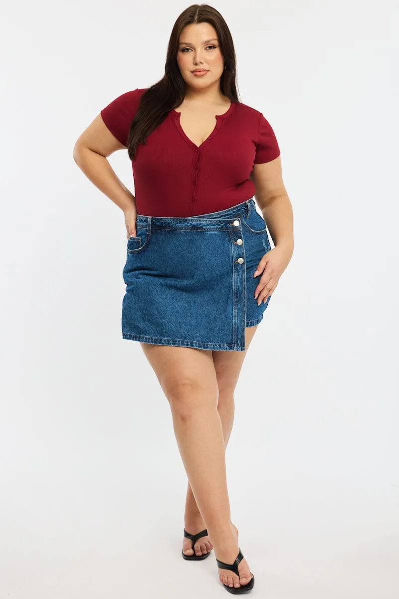 Zen Glow Red Bodysuit Short Sleeve Ribbed Button Front