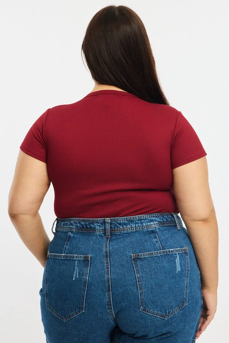 Red Bodysuit Short Sleeve Ribbed Button Front AbrasionFreeZone