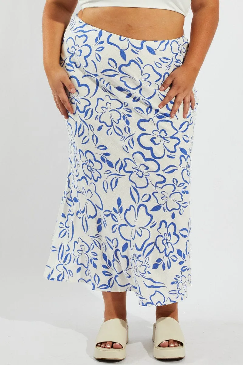 Blue Abstract Slip Skirt Linen Blend Earth Tones