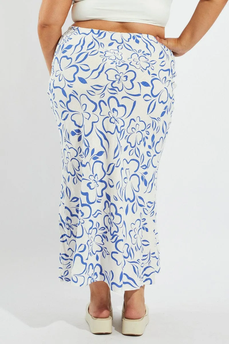 Collaboration Piece Blue Abstract Slip Skirt Linen Blend