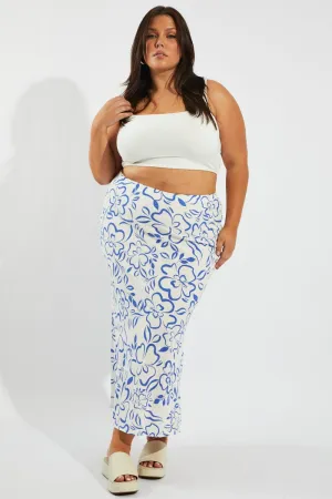 Blue Abstract Slip Skirt Linen Blend ruffle trim Subtle Finish