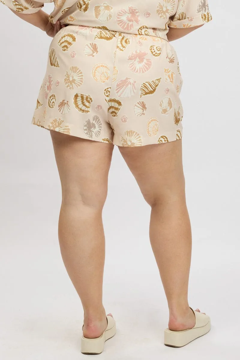 Beige Abstract Elastic Waist Linen Blend Shorts Comfy Style Friend Vibe