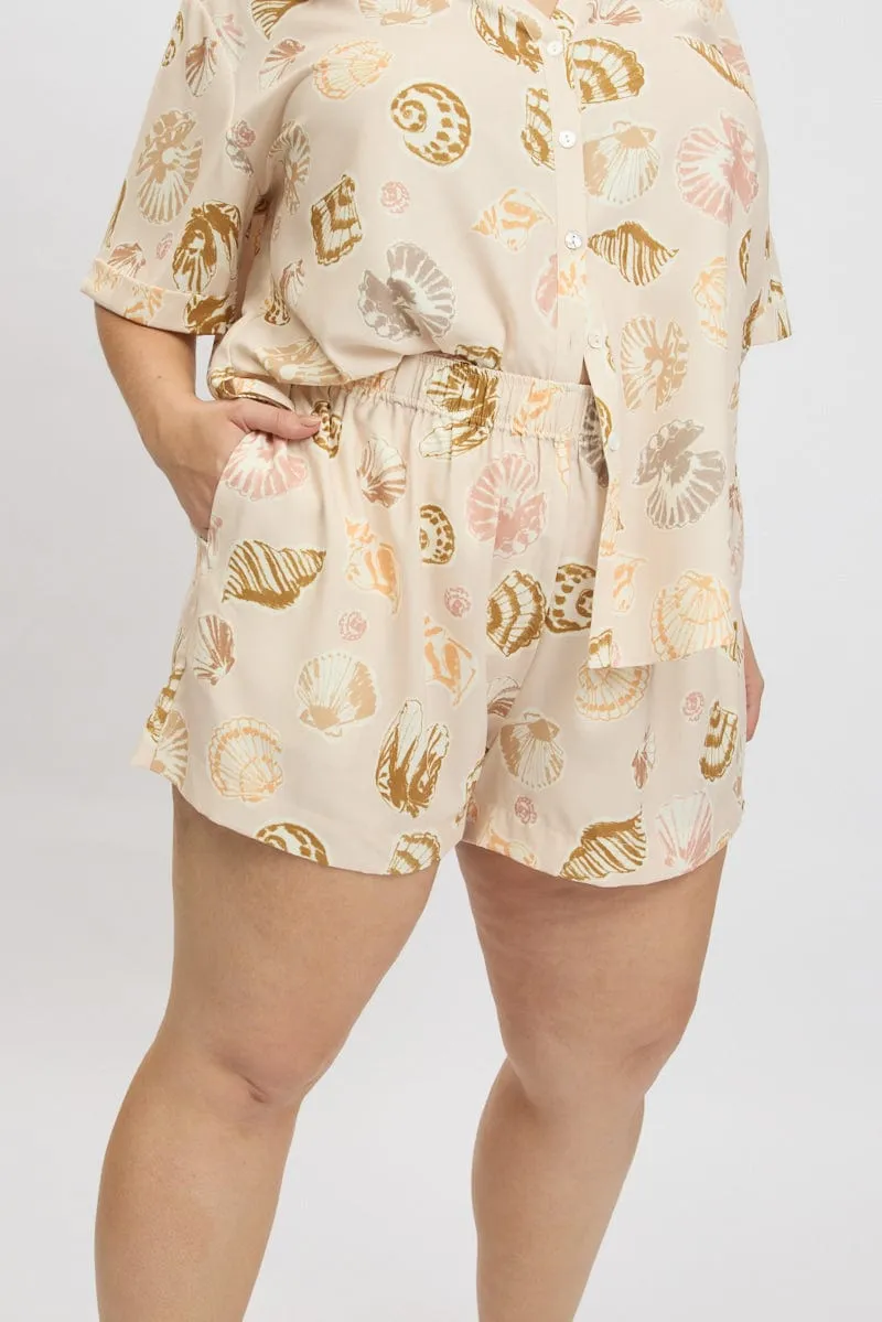 Casual Vibe Beige Abstract Elastic Waist Linen Blend Shorts