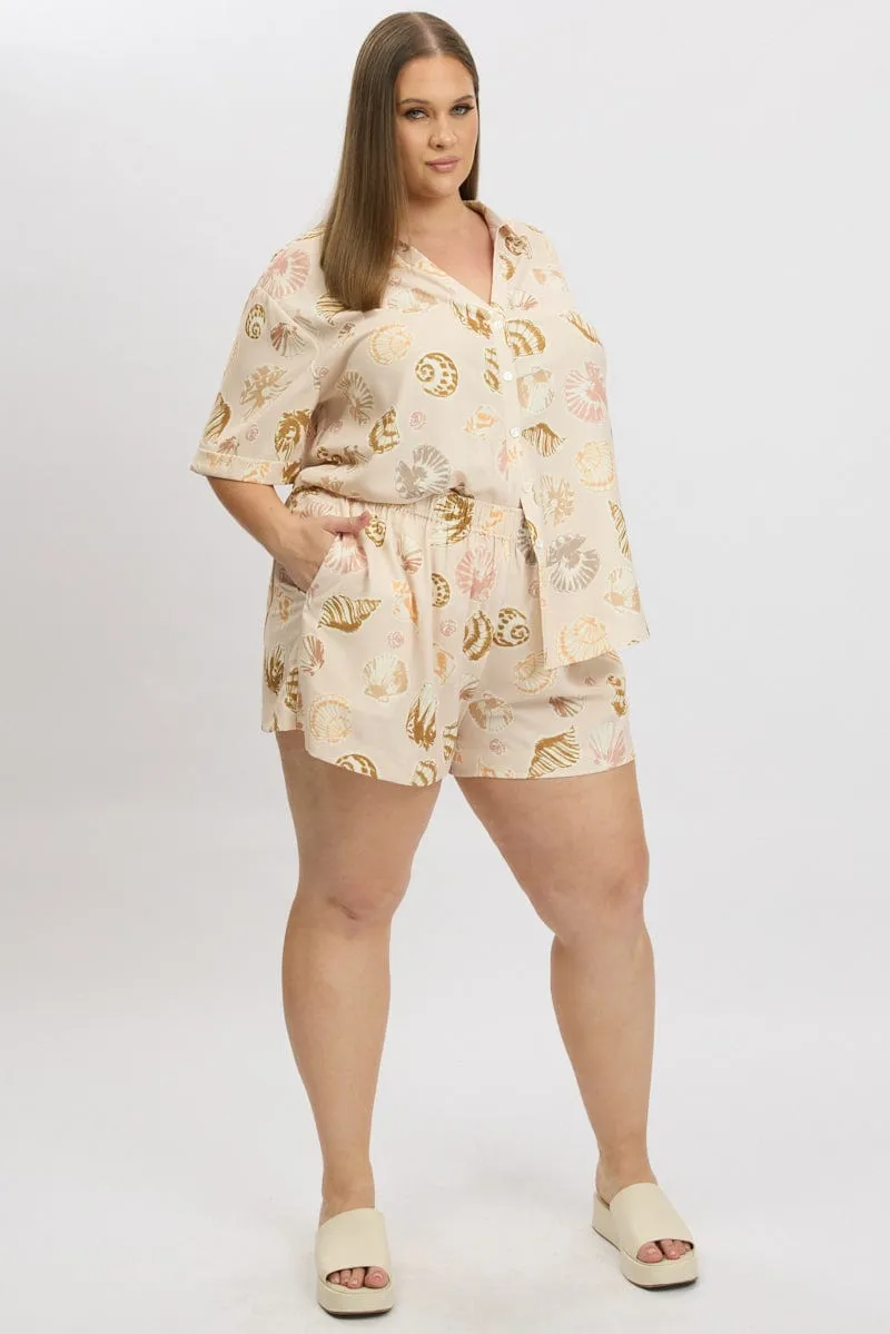 Beige Abstract Elastic Waist Linen Blend Shorts Spanish Glow Sporty Design