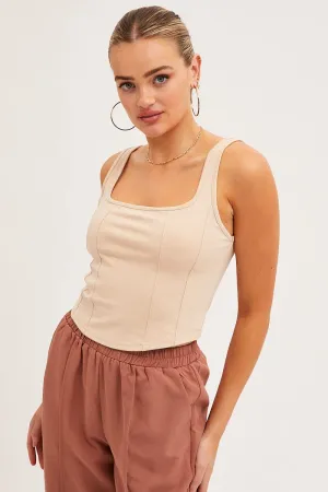 Trendy Trousers Flexible Fabric Blend Beige Corset Tank Sleeveless Square Neck Crop Curved Hem
