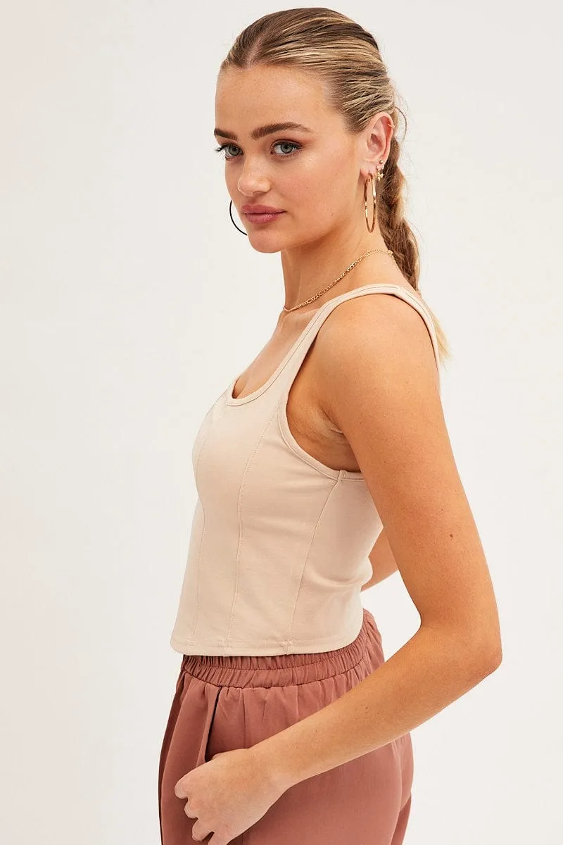 Beige Corset Tank Sleeveless Square Neck Crop Curved Hem Cold Weather Outfit