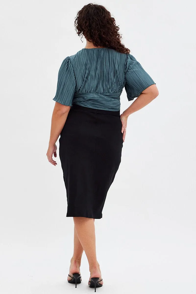 Black Midi Skirt Tailored Work Pencil With Attached Belt Adjustable Fastening Cool Mood