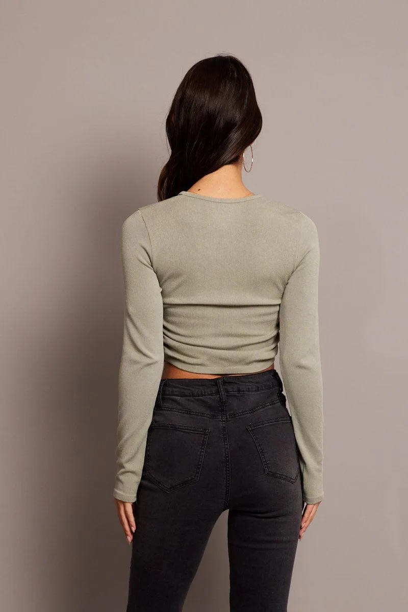 Family Style Formal Attire Green Seamless Top Long Sleeve Side Ruched