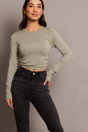 Travel Core MeshVentilation Green Seamless Top Long Sleeve Side Ruched