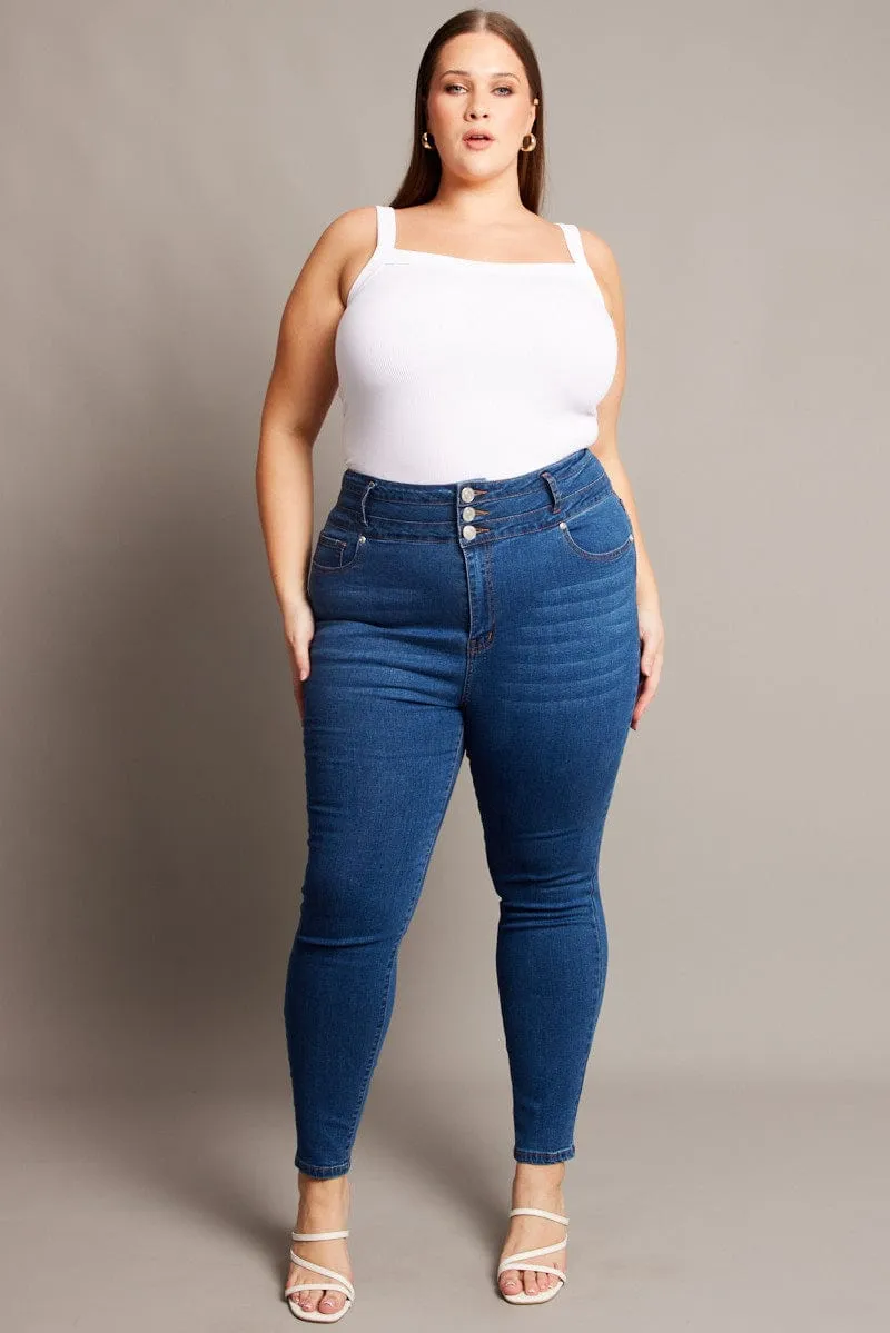 Denim Skinny Jeans High Rise Button Front Comfy Choice