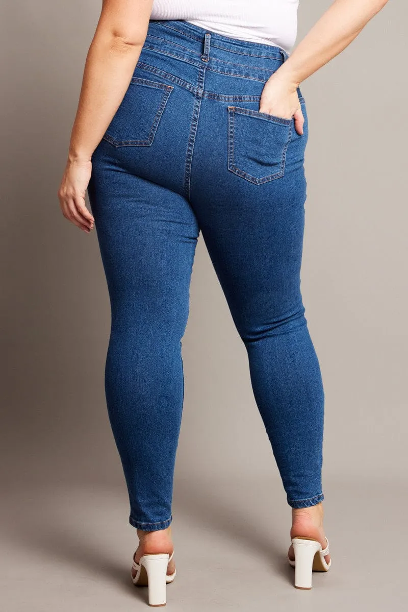 Denim Skinny Jeans High Rise Button Front Breathable Feel Urban Mood