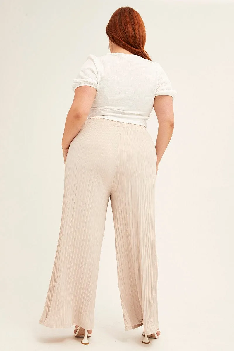 Beige Wide Leg Pants High Rise Quick Access Zippers Soft Brushed Lining