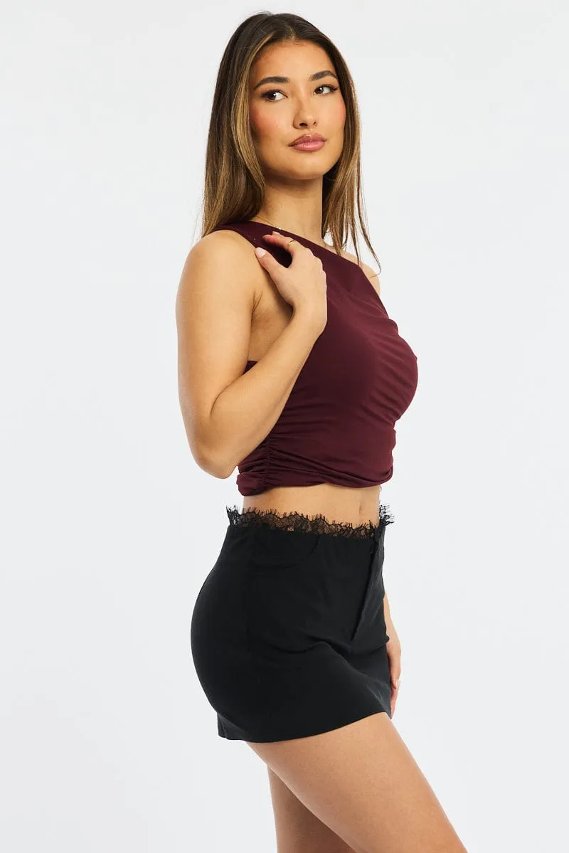 Flared hem Black Mini Skirt Mid Waisted Bengaline Lace Trim Detail