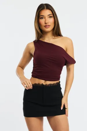 Drawstring closure Black Mini Skirt Mid Waisted Bengaline Lace Trim Detail