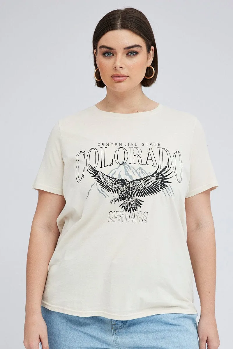 Seasonal Comfort Timeless Look Wear Beige Graphic T-shirt Short Sleeve Crew Neck