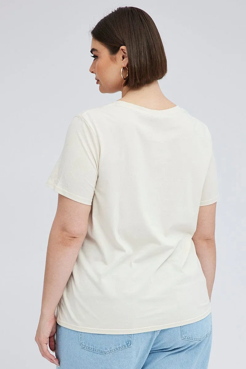 Pre Shrunk Cotton Cozy Feel Beige Graphic T-shirt Short Sleeve Crew Neck