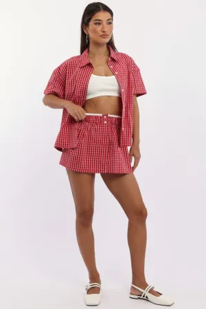 Simple Styling Red Check Boxer Mini Skirt Mid Rise Relaxed Fit