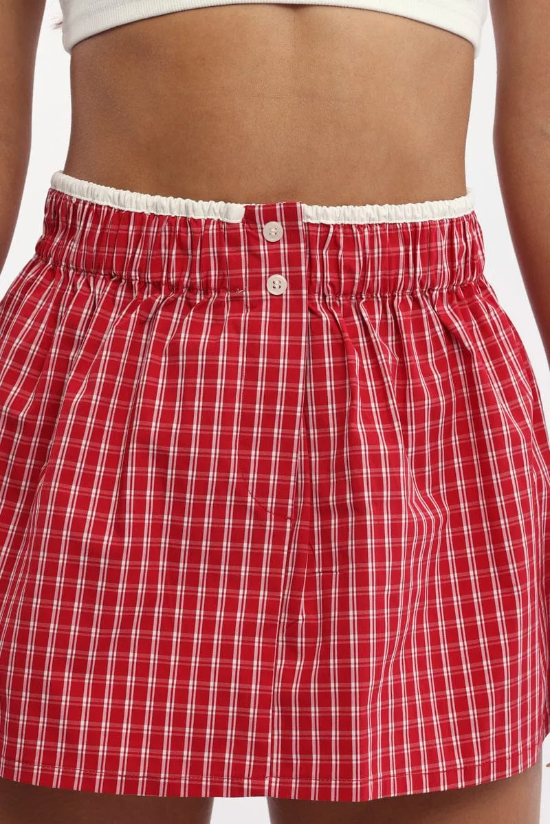 Easy Combo Red Check Boxer Mini Skirt Mid Rise Relaxed Fit