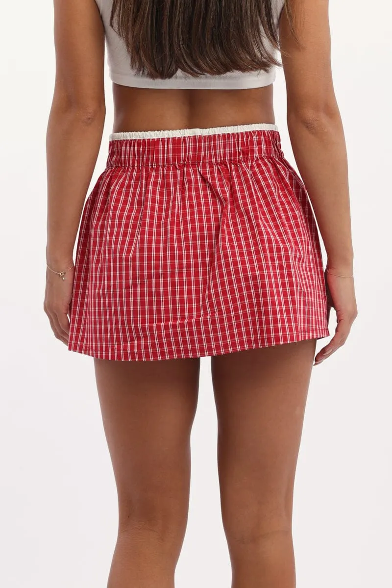 Gentle Vibe Red Check Boxer Mini Skirt Mid Rise Relaxed Fit