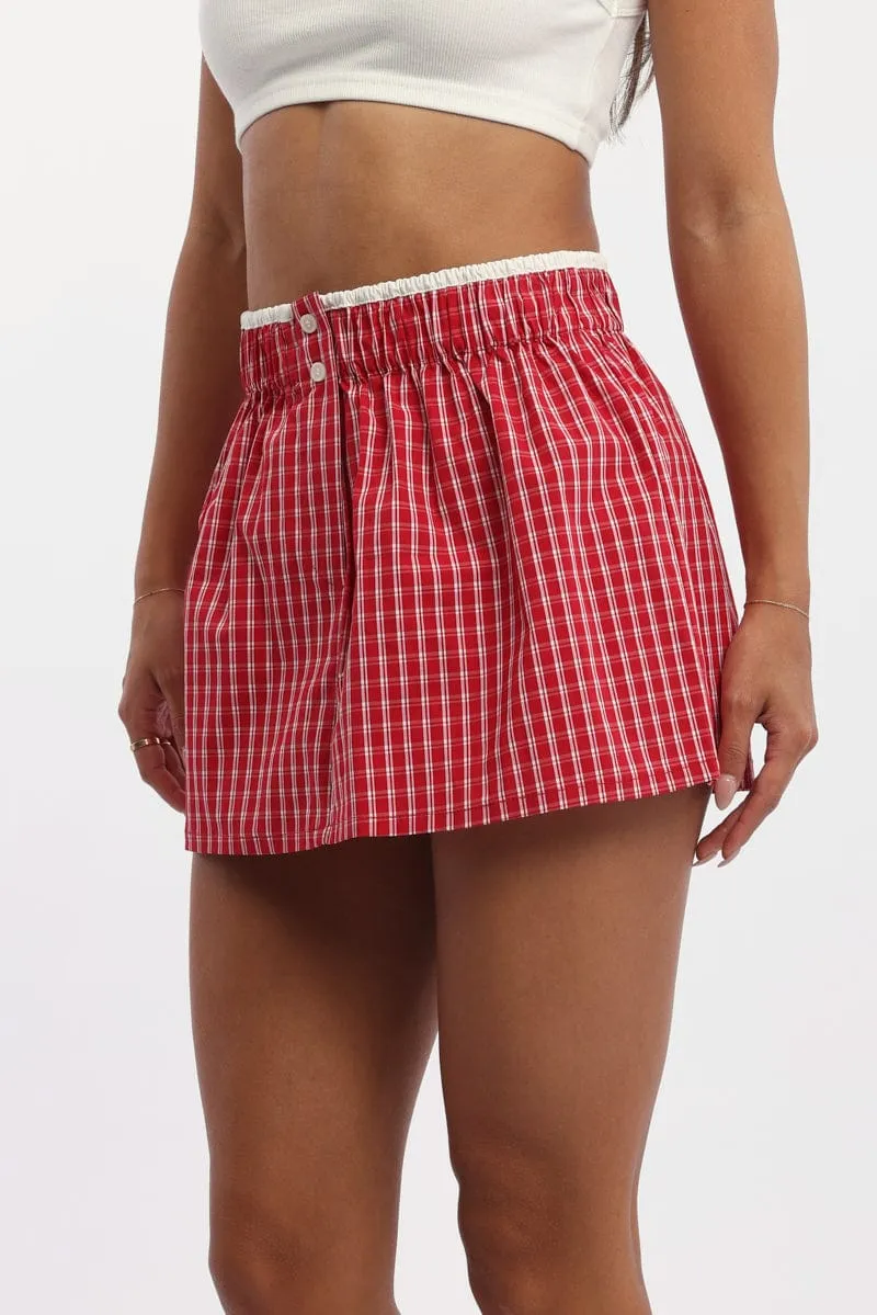 Red Check Boxer Mini Skirt Mid Rise Relaxed Fit Date night