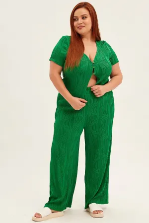 Green Textured Pant Wide Leg Wavy LowProfileWaistband