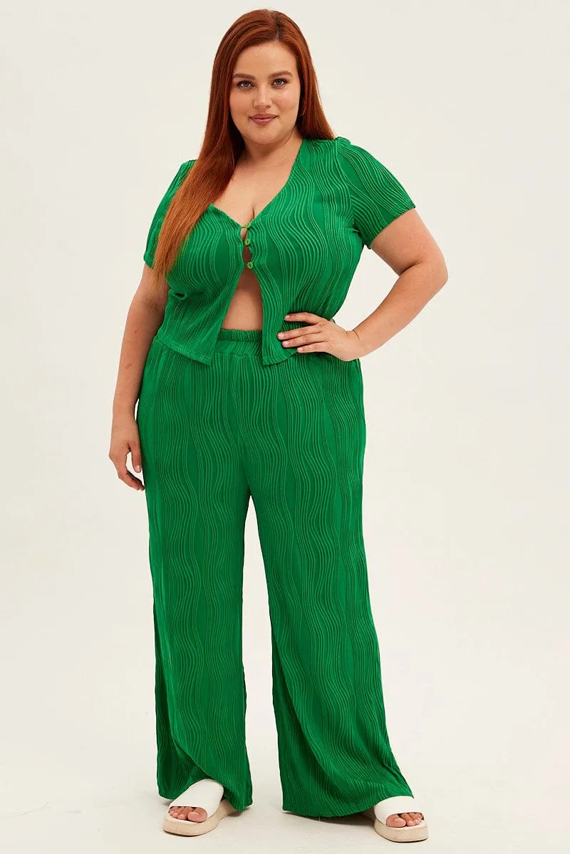 Green Textured Pant Wide Leg Wavy SlimFit