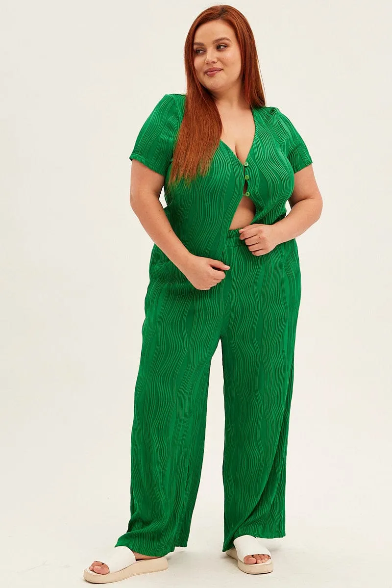 Green Textured Pant Wide Leg Wavy LowProfileWaistband