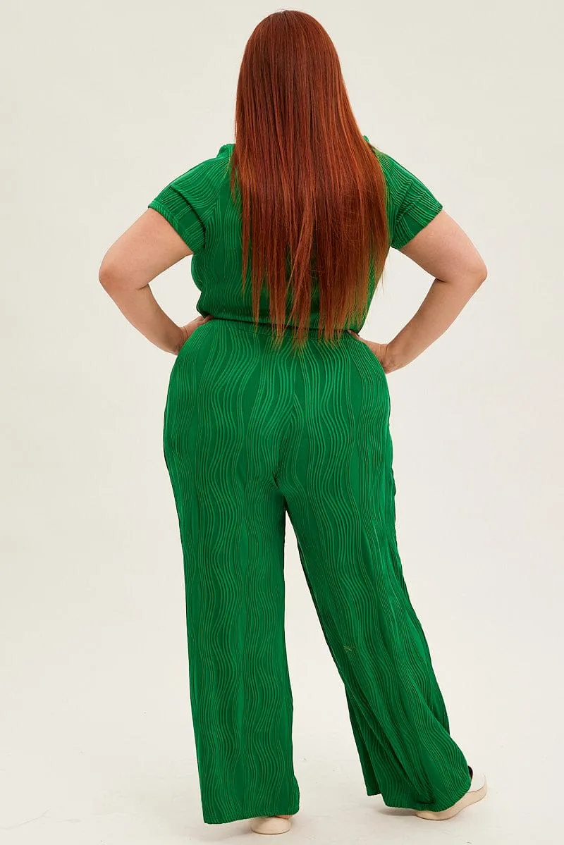 Trendy Appeal smooth zipper Green Textured Pant Wide Leg Wavy