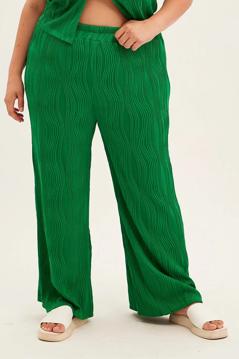 Hypoallergenic fabric Green Textured Pant Wide Leg Wavy