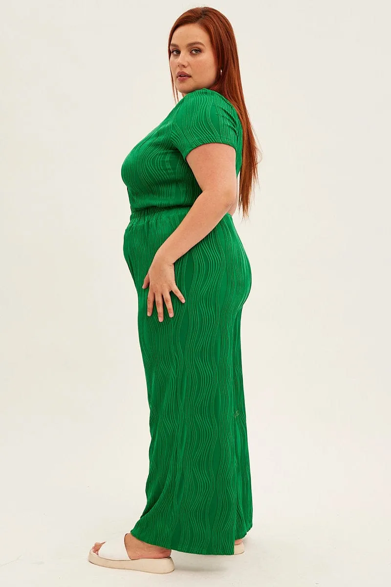 Green Textured Pant Wide Leg Wavy Lounge-friendly