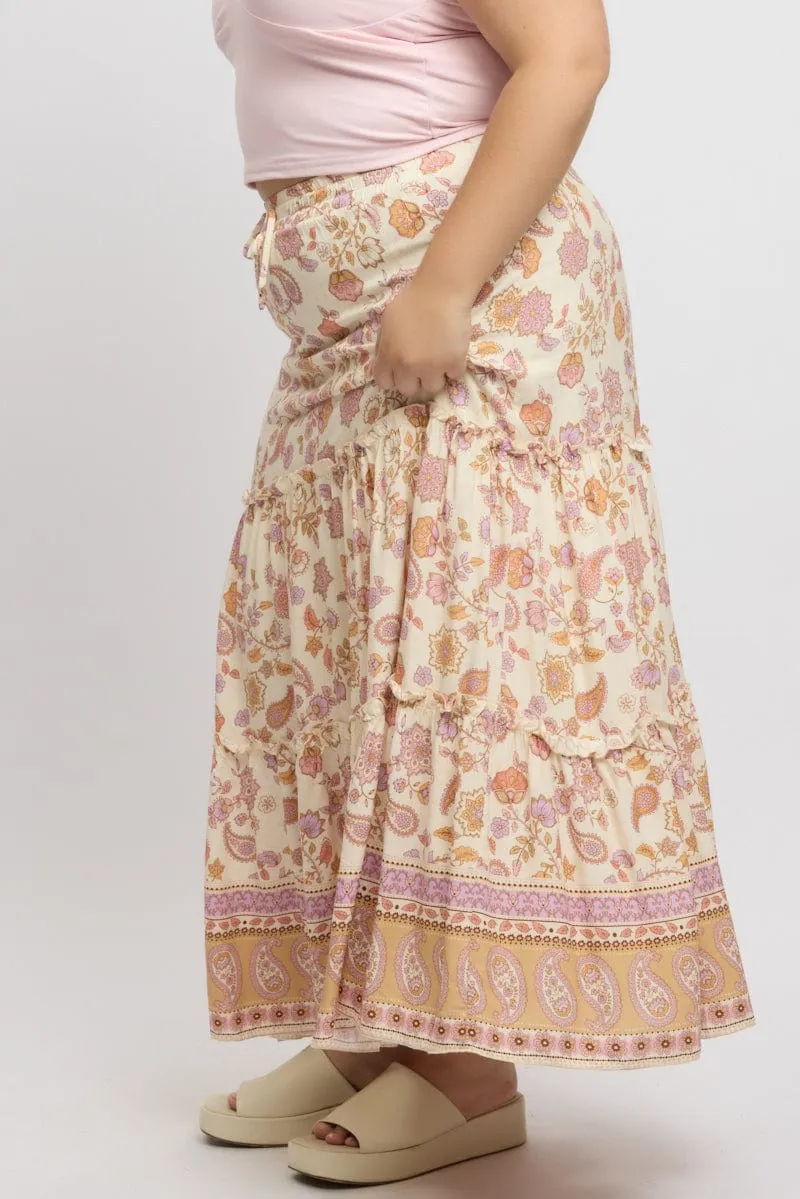 Emerging Designer Beige Boho Tiered Maxi Skirt