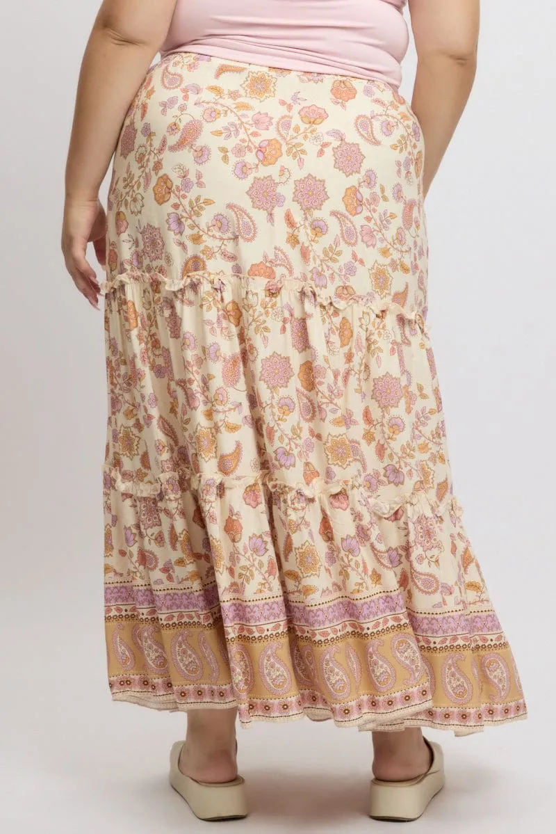 Simple Style Elastic hemline Beige Boho Tiered Maxi Skirt