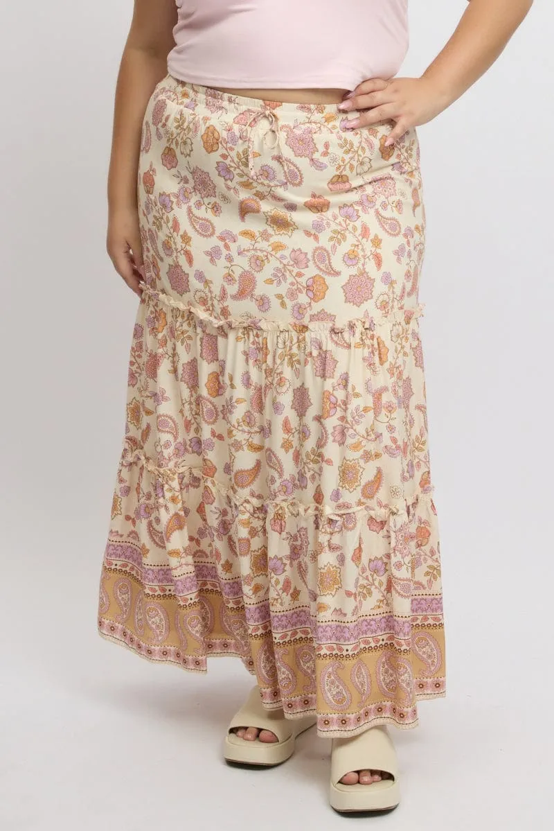 Soft Aesthetic Beige Boho Tiered Maxi Skirt
