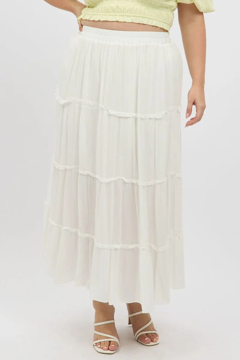 White Tiered Crinkle Maxi Skirt Comfy Fit Runway Ready