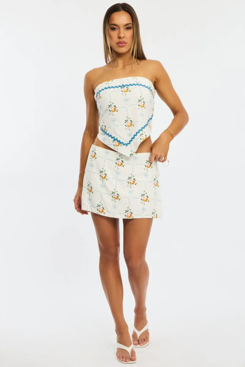 White Floral Mini Skort Skirt Side Tie Shorts Lined Linen Blend All Day Fit