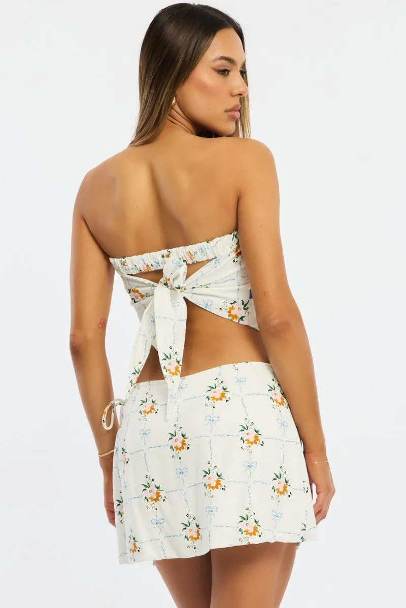 Outfit Focused White Floral Mini Skort Skirt Side Tie Shorts Lined Linen Blend