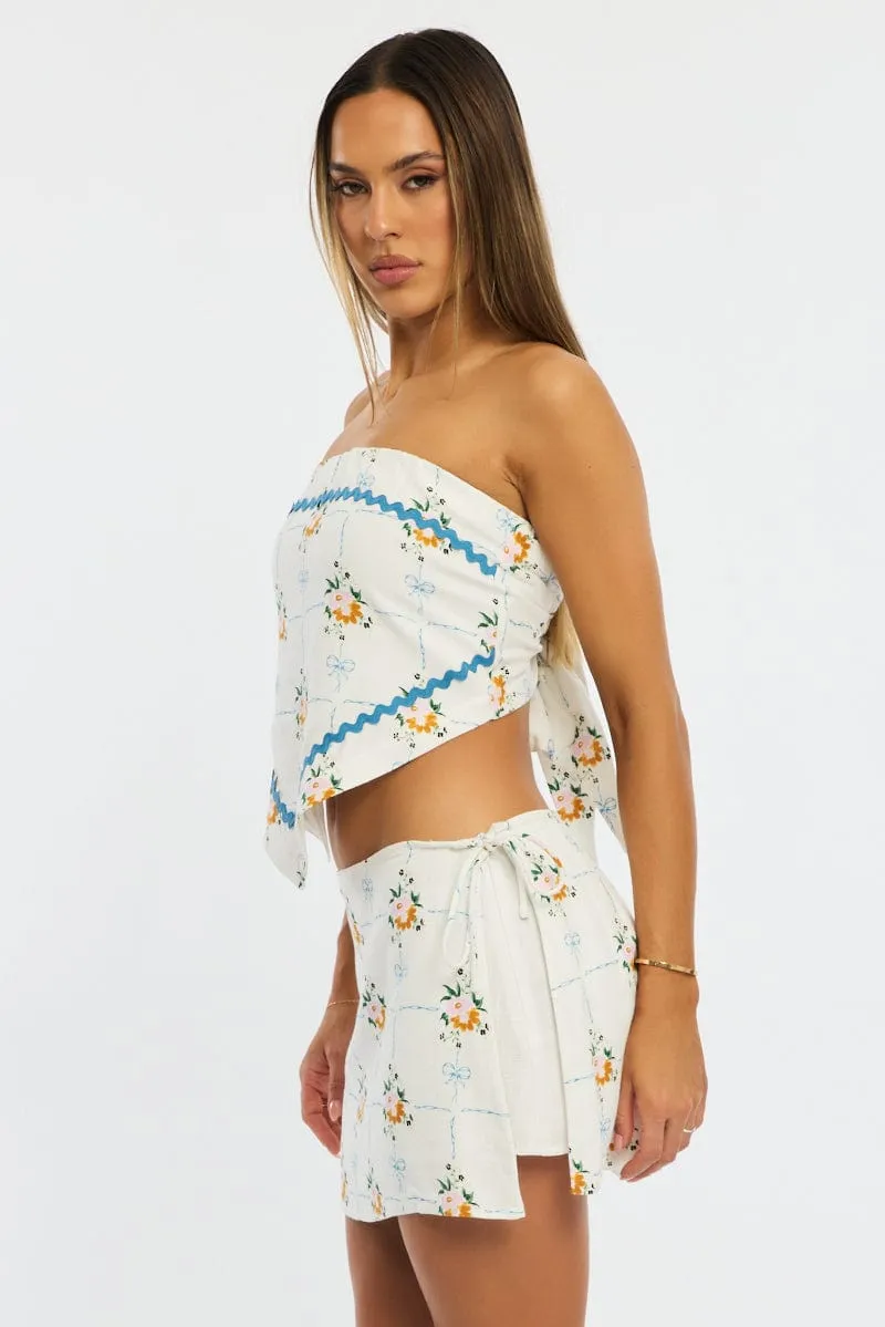 High Waist White Floral Mini Skort Skirt Side Tie Shorts Lined Linen Blend