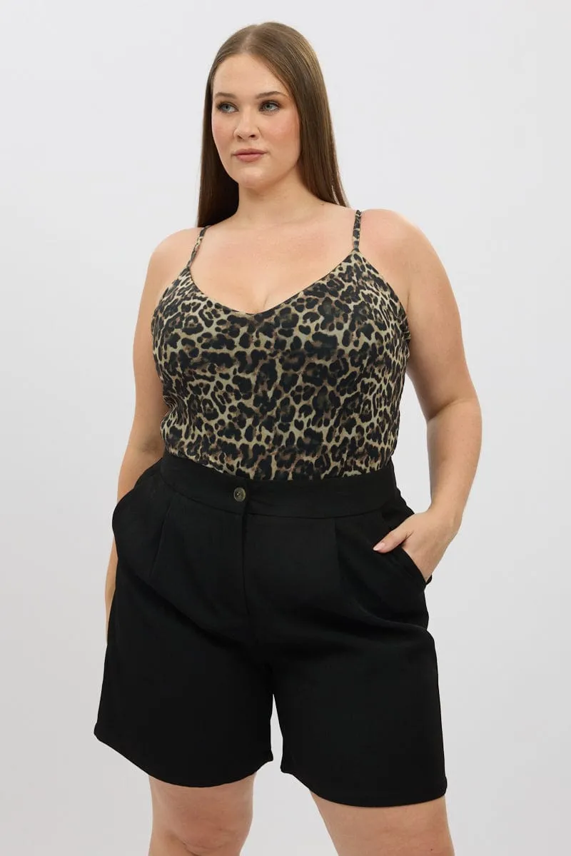 Brown Animal Print Bodysuit Sleeveless V Neck SoftLining Lightweight Layering