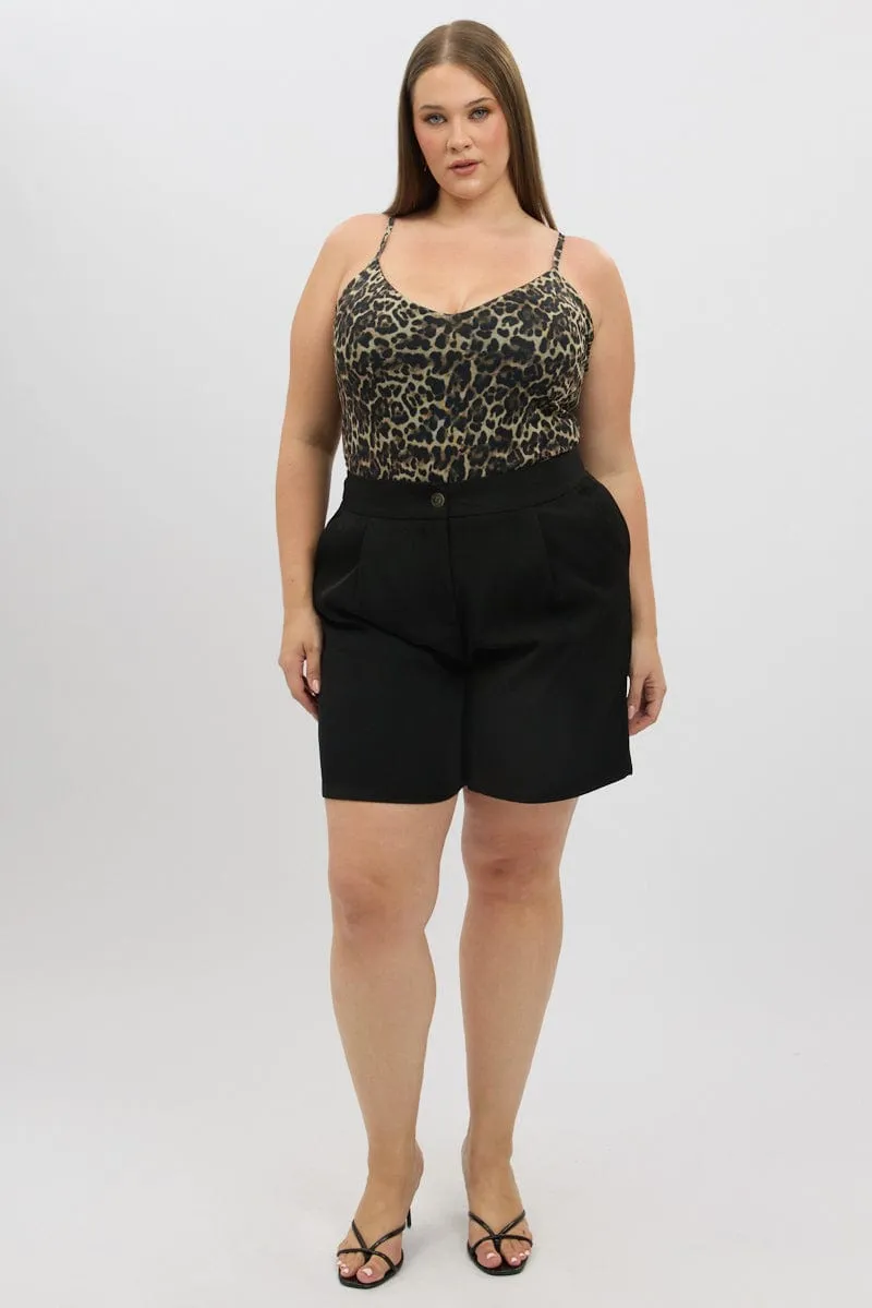 Brown Animal Print Bodysuit Sleeveless V Neck Mediterranean Air Reinforced Knees