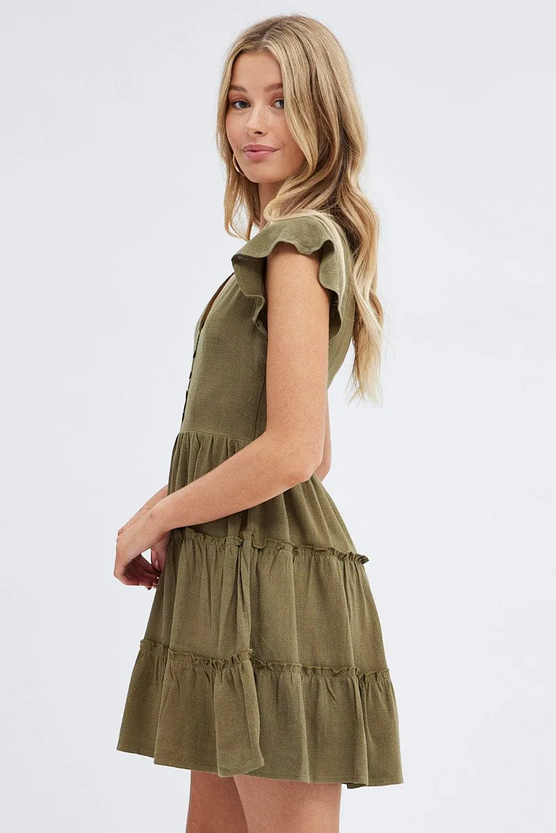 Green Fit and Flare Dress Short Sleeve V-Neck Elegant Tunic Adjustable Straps