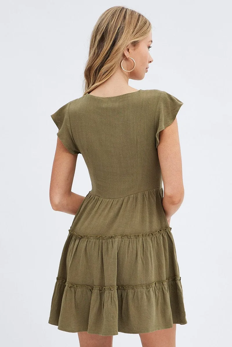 mesh ventilation HypoallergenicMaterial Green Fit and Flare Dress Short Sleeve V-Neck