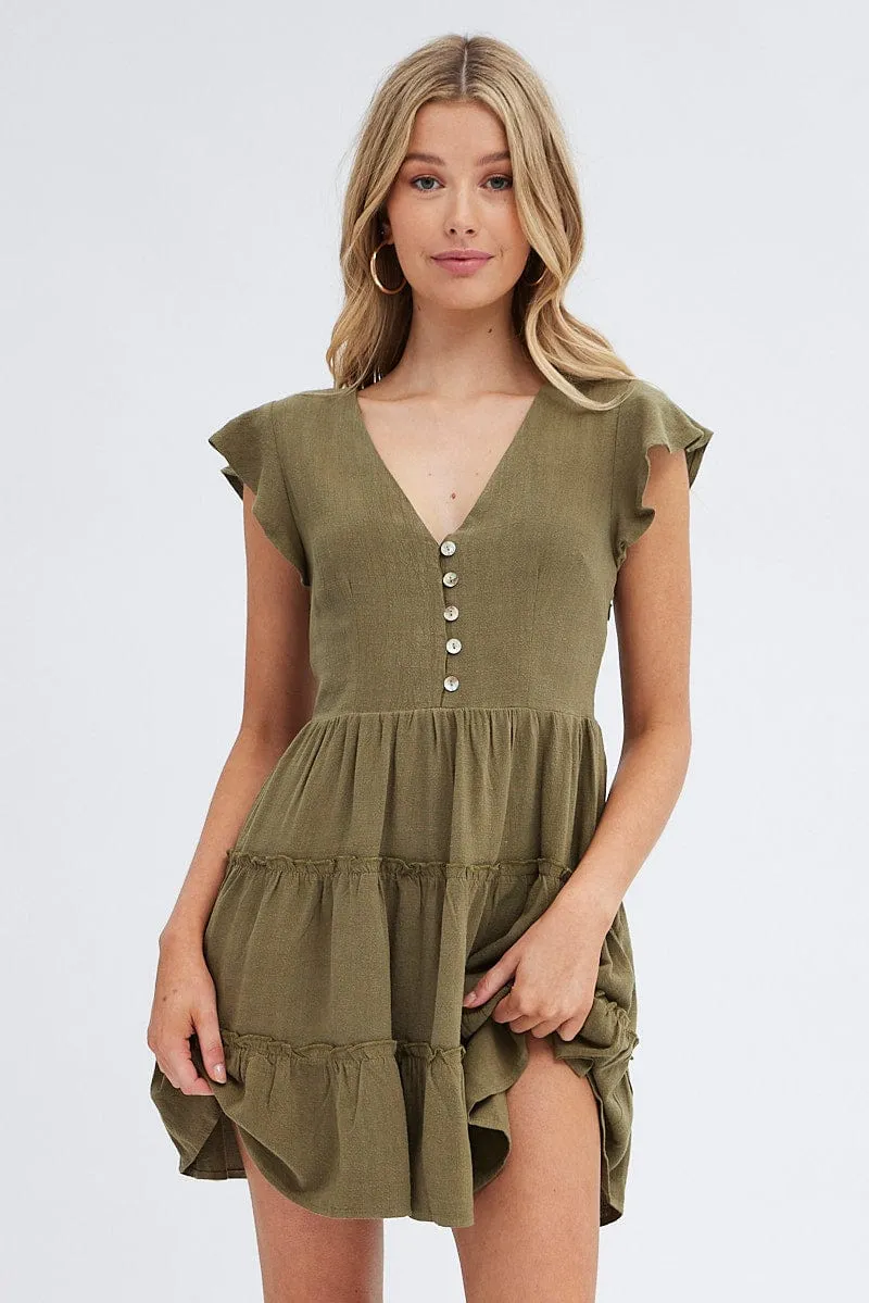 Green Fit and Flare Dress Short Sleeve V-Neck Sky Mood