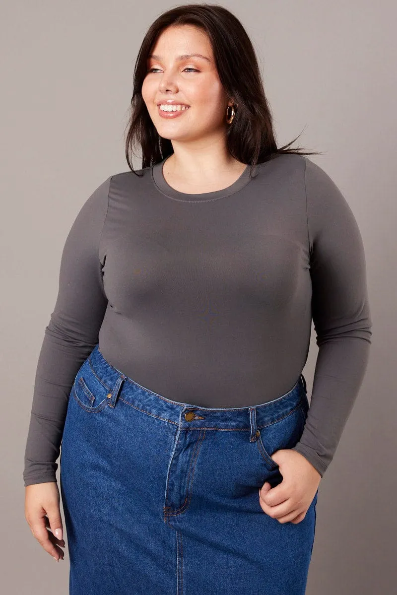 Grey Bodysuit Long Sleeve Crew Neck Supersoft Chic Fit